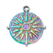 Vacuum Plating 304 Stainless Steel Pendant Cabochons Settings, Flat Round with Sun, Rainbow Color, Tray: 2.5mm, 22x19.5x2mm, Hole: 1.8mm(STAS-P288-22M)