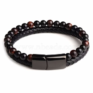 Natural Tiger Eye Beaded Bracelets, Imitation Leather Cord Bracelets for Women Men, with Alloy Clasps, Round, 9-1/8 inch(23cm)(PW24070699643)