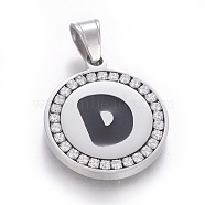304 Stainless Steel Enamel Pendants, with Cubic Zirconia, Flat Round with Letter, Stainless Steel Color, Clear, Letter.D, 29x25x3mm, Hole: 5.5x8.5mm(STAS-E439-90D-P)