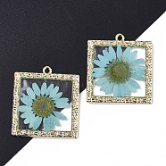 Epoxy Resin Pendants, with Dried Flower Inside and Light Gold Plated Alloy Open Back Bezel, Square, Medium Turquoise, 34x30x2mm, Hole: 1.8mm(X-RESI-T045-029D)