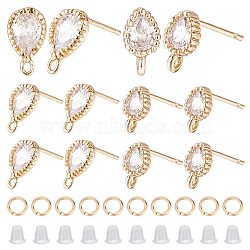 12Pcs 2 Style Brass Stud Earring Findings, with Clear Cubic Zirconia and Loops, Teardrop, with 50Pcs Jump Rings and 50Pcs Plastic Ear Nuts, Golden, 7.5x4mm, 9.5x5.5mm, Hole: 1mm, Pin: 0.8mm, 6Pcs/style(KK-CN0001-92)