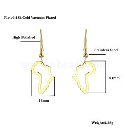 African Map Shape Dangle Earrings, with Stainless Steel Hooks, Golden, 21x14mm(DG1061-1)