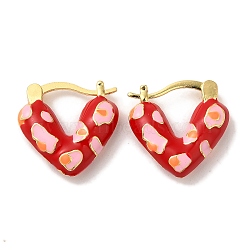 Rack Plating Brass Enamel Hoop Earrings, Cadmium Free & Lead Free, Long-Lasting Plated, Heart, Real 18K Gold Plated, Red, 16x4.5mm(EJEW-B062-11G-01)