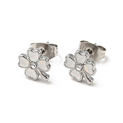 Enamel Clover with Crystal Rhinestone Stud Earrings with 316 Surgical Stainless Steel Pins, Stainless Steel Color Plated 304 Stainless Steel Jewelry for Women, White, 8.5x7mm, Pin: 0.8mm(EJEW-A081-12P-03)