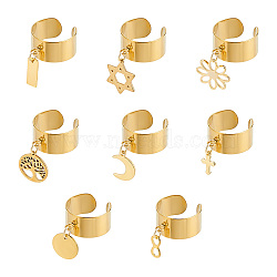 8Pcs 8 Styles 304 Stainless Steel Open Cuff Finger Ring, with Stainless Steel Charms, Mixed Shapes, Golden, Inner Diameter: 17~18mm, 1pc/style(RJEW-UN00034)