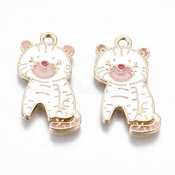 Light Gold Plated Alloy Enamel Pendants, Cadmium Free & Lead Free, Tiger, White, 24.5x12.5x1.5mm, Hole: 1.8mm(ENAM-T009-71C-RS)