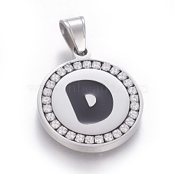 304 Stainless Steel Enamel Pendants, with Cubic Zirconia, Flat Round with Letter, Stainless Steel Color, Clear, Letter.D, 29x25x3mm, Hole: 5.5x8.5mm(STAS-E439-90D-P)