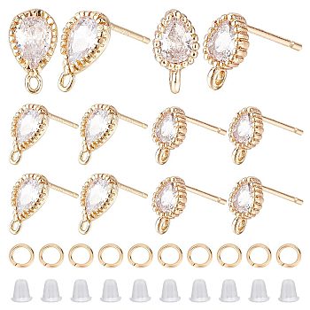 12Pcs 2 Style Brass Stud Earring Findings, with Clear Cubic Zirconia and Loops, Teardrop, with 50Pcs Jump Rings and 50Pcs Plastic Ear Nuts, Golden, 7.5x4mm, 9.5x5.5mm, Hole: 1mm, Pin: 0.8mm, 6Pcs/style