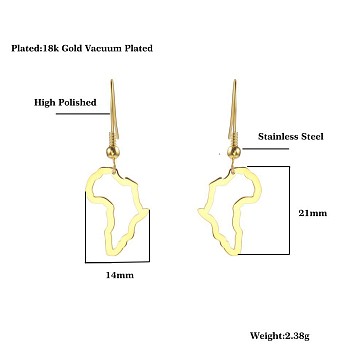 African Map Shape Dangle Earrings, with Stainless Steel Hooks, Golden, 21x14mm