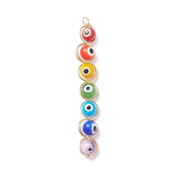 Wire Wrapped Handmade Evil Eye Lampwork Pendants, with Copper Findings, Round, Colorful, 79x10~11x8mm, Hole: 3mm