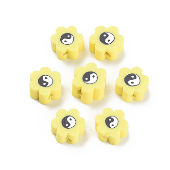 Handmade Polymer Clay Beads, for DIY Jewelry Crafts Supplies, Flower with Yinyang, Champagne Yellow, 8~9x7.5~8.5x4~4.5mm, Hole: 1.6~1.8mm