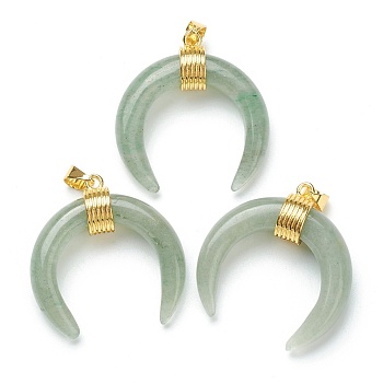 Natural Green Aventurine Pendants, with Golden Brass Findings, Double Horn/Crescent Moon, 31~33x30x10mm, Hole: 6x4mm