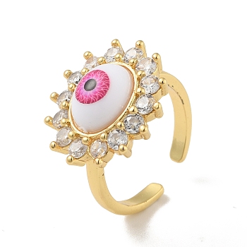 Cubic Zirconia Sun with Evil Eye Open Cuff Ring with Acrylic, Real 18K Gold Plated Brass Jewelry for Women, Cadmium Free & Lead Free, Hot Pink, US Size 6 1/2(16.9mm)