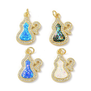 Brass Micro Pave Cubic Zirconia Pendants, with Synthetic Opal and Jump Ring, Long-Lasting Plated, Real 18K Gold Plated, Gourd, Mixed Color, 21x15x3mm, Hole: 3.5mm