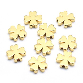 Brass Beads, Lead Free & Cadmium Free & Nickel Free, Clover, Real 18K Gold Plated, 10x10x2.5mm, Hole: 1.2mm