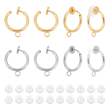 20Pcs 2 Colors 304 Stainless Steel Clip-on Earring Findings, with Horizontal Loops and 20Pcs Comfort Silicone Pads, Golden & Stainless Steel Color, 17x13x4.5mm, Hole: 1.8mm, 10Pcs/color