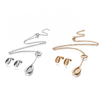 304 Stainless Steel Jeweley Sets, Cable Chain Lariat Necklaces and Stud Earrings, with Lobster Claw Clasps and Ear Nuts, Cowrie Shell Shape, Mixed Color, 17.32 inch~18.11 inch(44~46cm), 12x8mm, Pin: 0.7mm