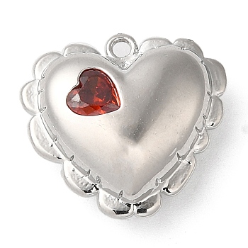 Brass Pendants, with Glass, Nickel Free, Heart Charms, Real Platinum Plated, Red, 15.5x16.5x6.5mm, Hole: 1.2mm
