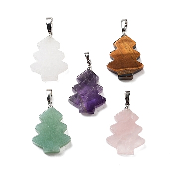 Natural Mixed Stone Pendants, Christmas Tree Charms with Rack Plating Brass Snap on Bails, Platinum, 34x20x5mm, Hole: 8x5mm