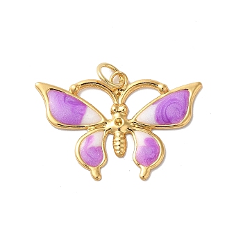 Rack Plating Brass Enamel Pendants, with Jump Ring, Cadmium Free & Lead Free, Long-Lasting Plated, Real 18K Gold Plated, Butterfly Charm, Medium Orchid, 18x26.5x1.2mm, Hole: 3.5mm