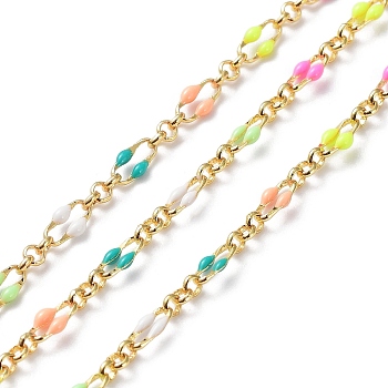 Enamel Oval Link Chains, with Real 18K Gold Plated Brass Findings, Soldered, with Spool, Colorful, 4x7x1mm