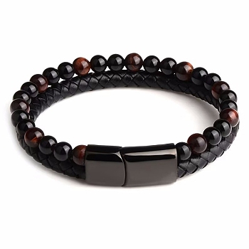 Natural Tiger Eye Beaded Bracelets, Imitation Leather Cord Bracelets for Women Men, with Alloy Clasps, Round, 9-1/8 inch(23cm)