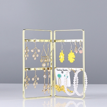 Foldable Iron Screen Earring Stands, 2 Panel Jewelry Organizer Rack for Earrings Storage, Rectangle, Golden, 16x17x0.6cm