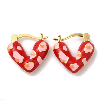 Rack Plating Brass Enamel Hoop Earrings, Cadmium Free & Lead Free, Long-Lasting Plated, Heart, Real 18K Gold Plated, Red, 16x4.5mm