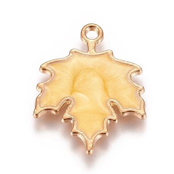Autumn Theme Zinc Alloy Pendants, with Enamel, Maple Leaf, Light Gold, Yellow, 24x19x2mm, Hole: 1.6mm