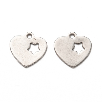 201 Stainless Steel Charms, Laser Cut, Heart with Star, Stainless Steel Color, 13.5x13x1mm, Hole: 1.4mm