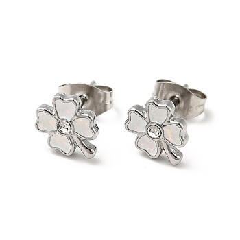 Enamel Clover with Crystal Rhinestone Stud Earrings with 316 Surgical Stainless Steel Pins, Stainless Steel Color Plated 304 Stainless Steel Jewelry for Women, White, 8.5x7mm, Pin: 0.8mm