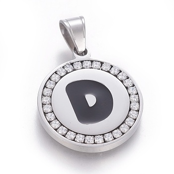 304 Stainless Steel Enamel Pendants, with Cubic Zirconia, Flat Round with Letter, Stainless Steel Color, Clear, Letter.D, 29x25x3mm, Hole: 5.5x8.5mm