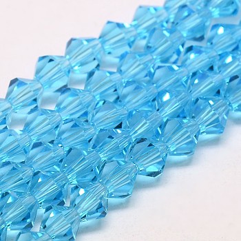 Imitate Austrian Crystal Bicone Glass Beads Strands, Grade AA, Faceted, Deep Sky Blue, 5x5mm, Hole: 1mm, about 59pcs/strand, 11 inch