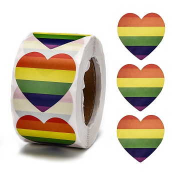 Self-Adhesive Kraft Paper Gift Tag Stickers, Adhesive Labels, Stripe Heart, Colorful, Heart: 38x38mm, 500pcs/roll