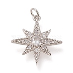 Brass Micro Pave Clear Cubic Zirconia Pendants, with Jump Rings, Long-Lasting Plated, Star, Real Platinum Plated, 20x18.5x2.5mm, Jump Ring: 5x0.8mm, 3.4mm Inner Diameter(ZIRC-L098-014P)