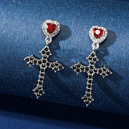 Alloy Gothic Cross with Heart Earrings, Goth Style Dark Stud Earrings, Red(PI0362)