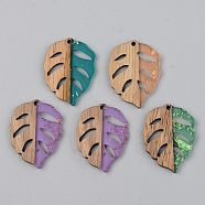 Transparent Resin & Walnut Wood Pendants, with Gold Foil, Leaf, Mixed Color, 37x28x3mm, Hole: 2mm(RESI-S389-003A-B)