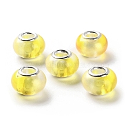 Two Tone Resin European Beads, Rondelle Large Hole Beads, with Platinum Tone Alloy Double Cores, Yellow, 14x9mm, Hole: 5mm(RESI-M001-02F)