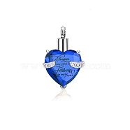 Faceted Glass Urn Pendant, with 316 Stainless Steel Findings, Heart with Always On My Mind Forever In My Heart, for Ashes Urn Memorial Necklace Making, Stainless Steel Color, Blue, 33x21.5x11.5mm, Hole: 5mm(GLAA-WH0031-10E)