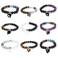 Natural & Synthetic Round Beaded Stretch Bracelets, with Half Heart Charms, Inner Diameter: 2-1/8 inch(5.5cm)(BJEW-K236-02B)
