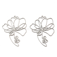 201 Stainless Steel Pendants, Laser Cut, Flower Charm, Stainless Steel Color, 44x34x1mm, Hole: 1.8mm(X-STAS-M318-02P)
