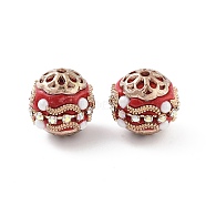 Handmade Indonesia Beads, with Alloy, ABS Plastic and Glass, Round, Golden, FireBrick, 16x17mm, Hole: 1.8mm(FIND-Q106-08C)