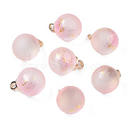 Two Tone Transparent Spray Painted Glass Pendants, with Light Gold Plated Brass Loop, Frosted, with Glitter Powder, Round, Pink, 14x10mm, Hole: 2mm(GLAA-N035-020B-C06)