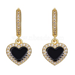 Clear Cubic Zirconia Heart Dangle Hoop Earrings, Brass Drop Earrings for Women, Golden, Black, 25mm, Pin: 1mm(EJEW-SW00011-02)