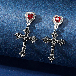 Alloy Gothic Cross with Heart Earrings, Goth Style Dark Stud Earrings, Red(PI0362)