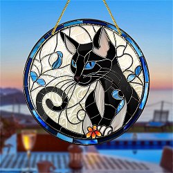 Cat Acrylic Window Hanging Ornaments, Flat Round Suncatcher Home Window Decoration, Black, 150mm(PW-WG0BCCA-01)