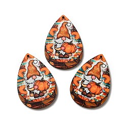 Single Face Printed Wood Big Pendants, Halloween Teardrop Charms, Orange, 54x36.5x2.6mm, Hole: 2mm(WOOD-H102-04A)