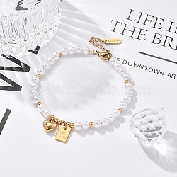 Ion Plating(IP) 304 Stainless Steel Charm Bracelets for Women, with Plastic Pearl, Heart & Rectangle with Word Good Luck, Real 18K Gold Plated, 6-7/8 inch(17.4cm)(BJEW-P345-05G)