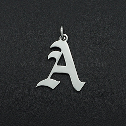304 Stainless Steel Pendants, with Jump Ring, Old English, Letter, Laser Cut, Stainless Steel Color, Letter.A, 16.5x14.5x1mm, Hole: 3mm(A-STAS-R111-JA565-A)