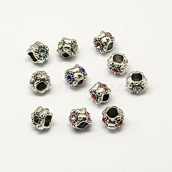 Alloy Rhinestone Flower Large Hole European Beads, Antique Silver, Mixed Color, 9x9x8mm, Hole: 5mm(MPDL-R036-43)